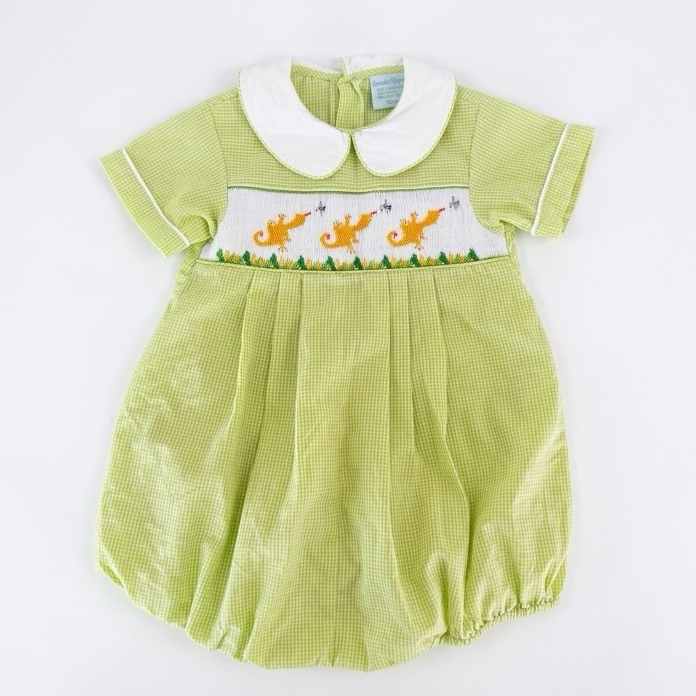 Remember Nguyen Smocked Bubble Romper Lizards Gingham Green Boy Girl 18 Mo HOLE